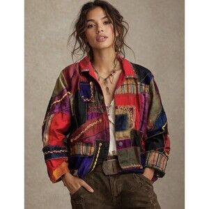 Vintage BLEU BAYOU DESIGNER Silk Patchwork Coat Of Many Colors Womens XL Boho